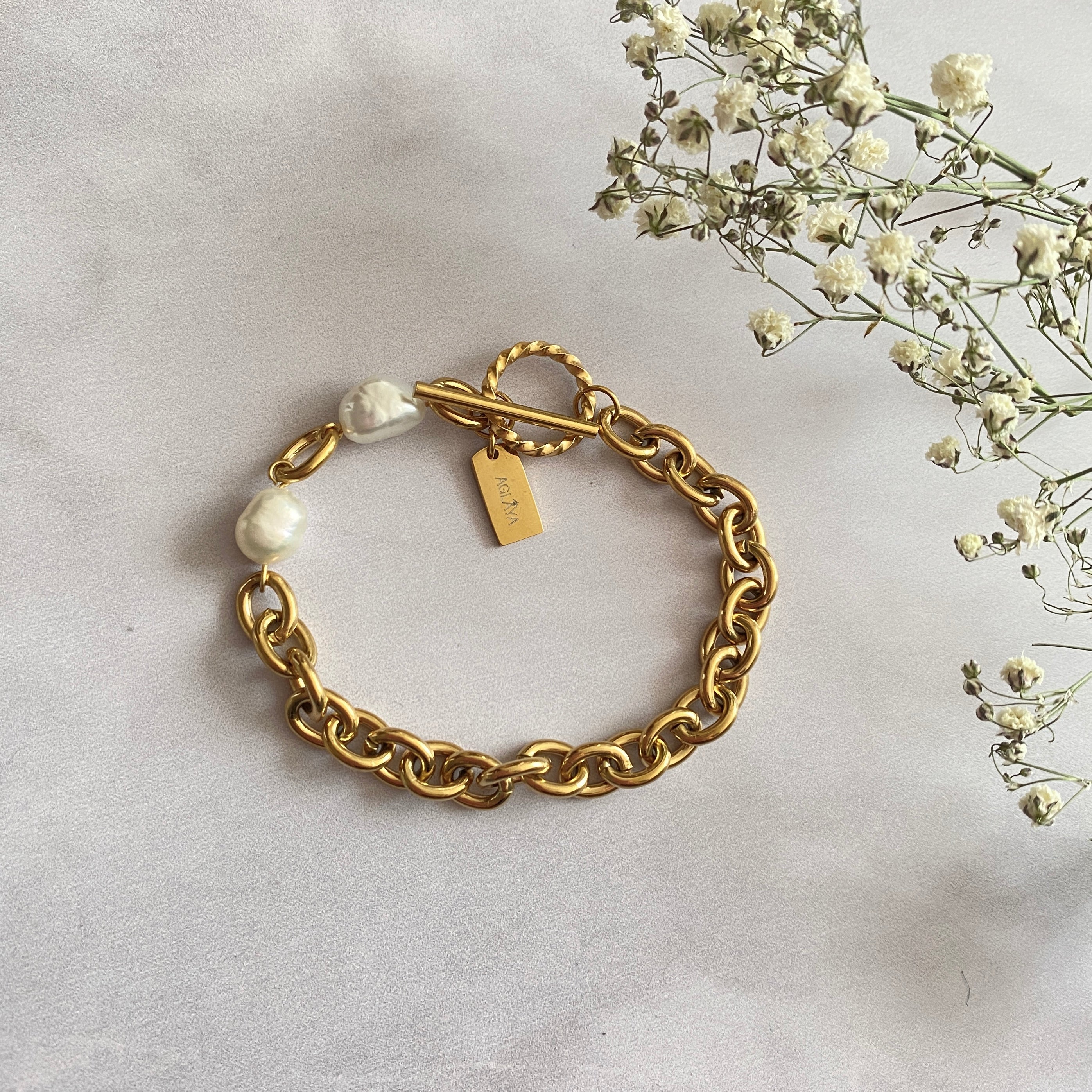 Pulsera Eslabones Perlas Oro